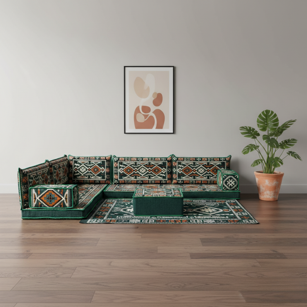 Arabic Floor Sofa Set – Green L Shaped Majlis Sectional with 4 Inch Cushions