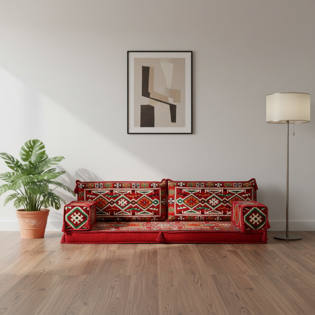 Arabic Loveseat Sofa Set – Red Loveseat Set with 4 and 8 Inch Cushion Options