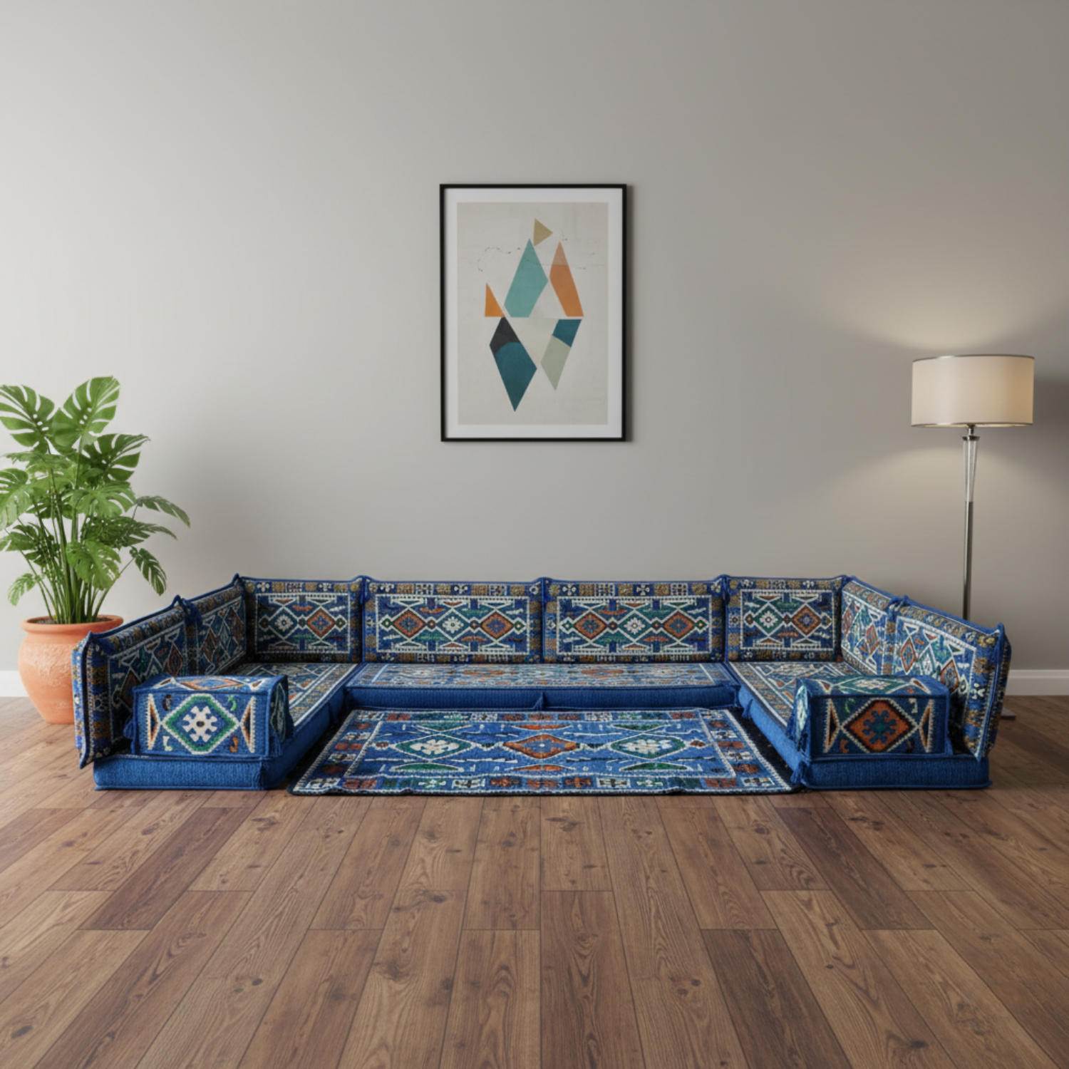 Arabic Floor Sofa Set – Blue U Shaped Majlis Sectional with 4 Inch Cushions