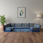 Arabic Floor Sofa Set – Blue U Shaped Majlis Sectional with 4 Inch Cushions