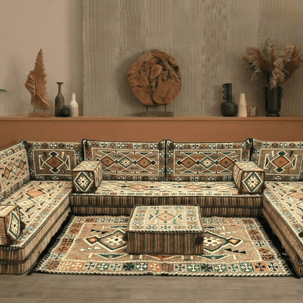Arabic Floor Sofa Set – Light Brown U Shaped Majlis Sectional with 8 Inch Cushions