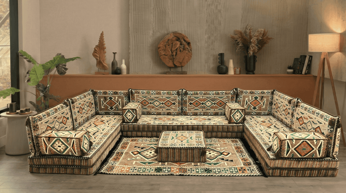 Arabic Floor Sofa Set – Light Brown U Shaped Majlis Sectional with 8 Inch Cushions