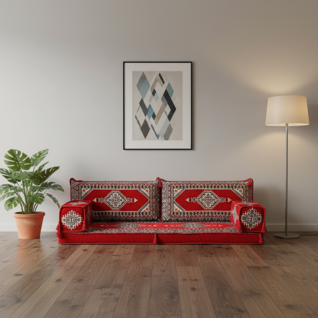 Arabic Loveseat Sofa – Red Loveseat with 4 and 8 Inch Cushion Options