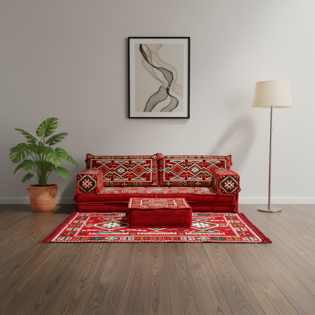 Arabic Loveseat Sofa Set – Red Loveseat Set with 4 and 8 Inch Cushion Options