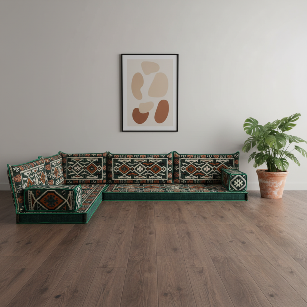 Arabic Floor Sofa Set – Green L Shaped Majlis Sectional with 4 Inch Cushions