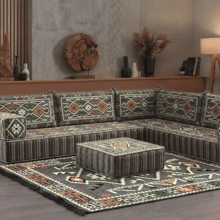Arabic Floor Sofa Set – Dark Gray L Shaped Majlis Sectional with 8 Inch Cushions