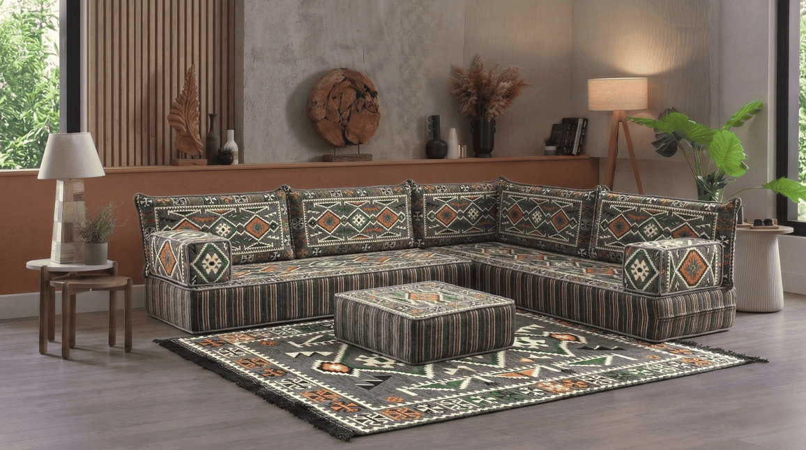 Arabic Floor Sofa Set – Dark Gray L Shaped Majlis Sectional with 8 Inch Cushions