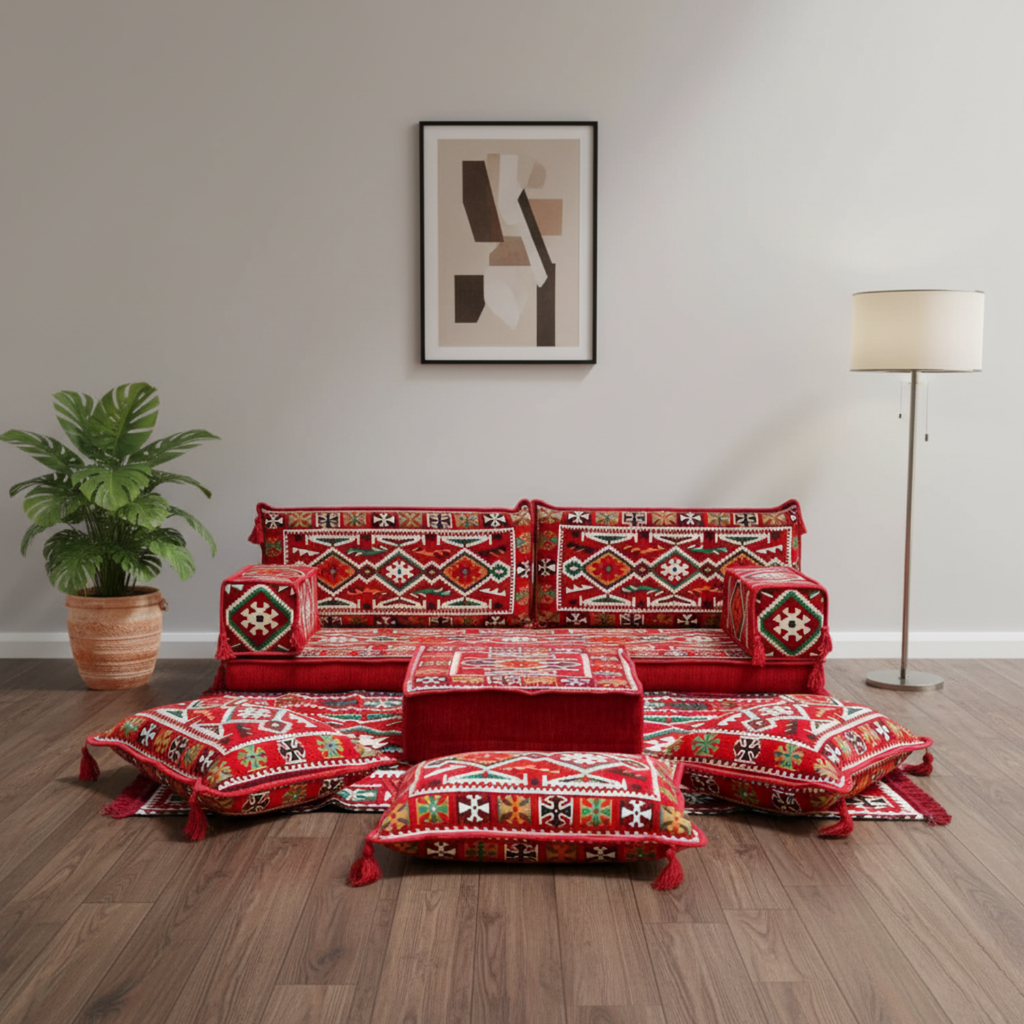 Arabic Loveseat Sofa Set – Red Loveseat Set with 4 and 8 Inch Cushion Options