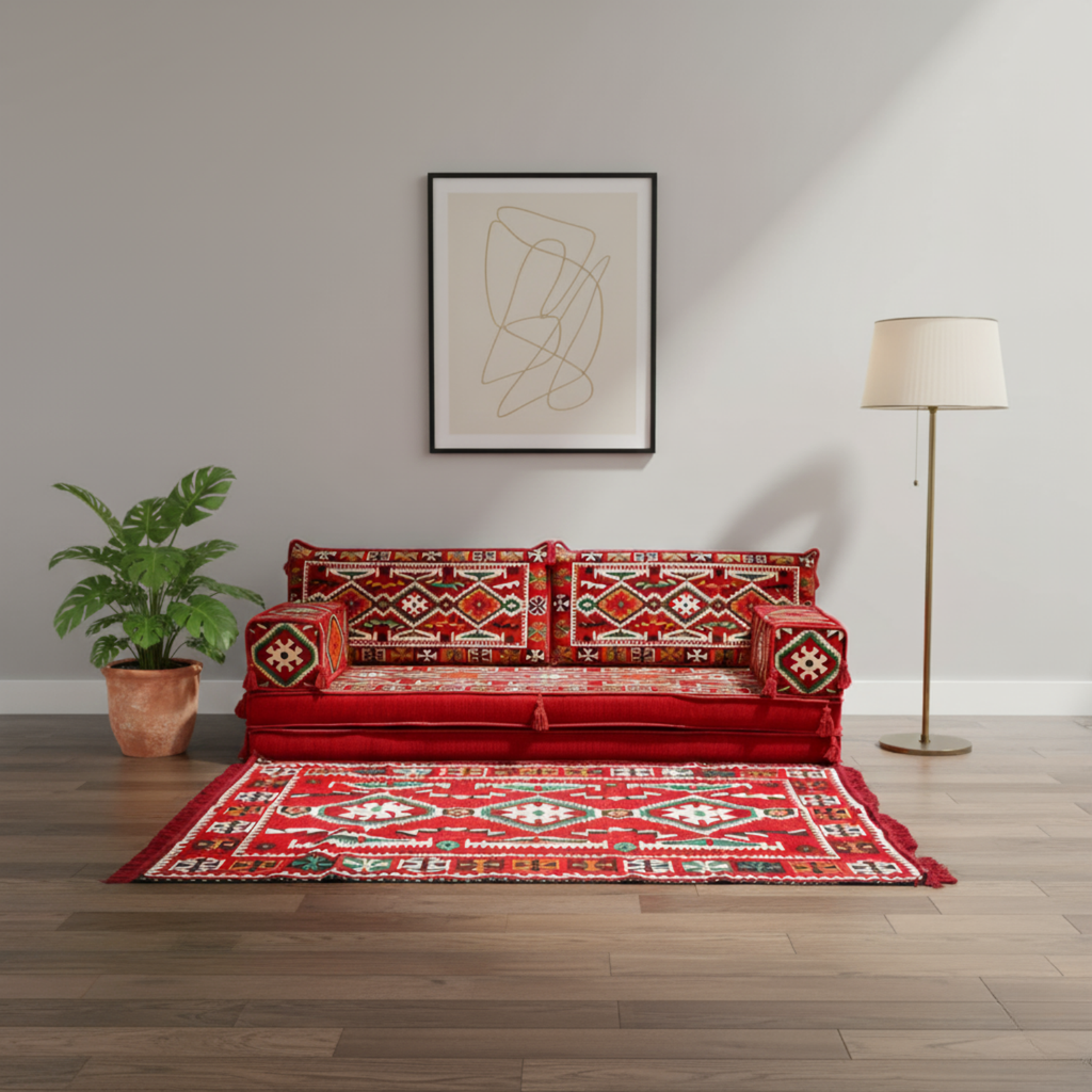 Arabic Loveseat Sofa Set – Red Loveseat Set with 4 and 8 Inch Cushion Options