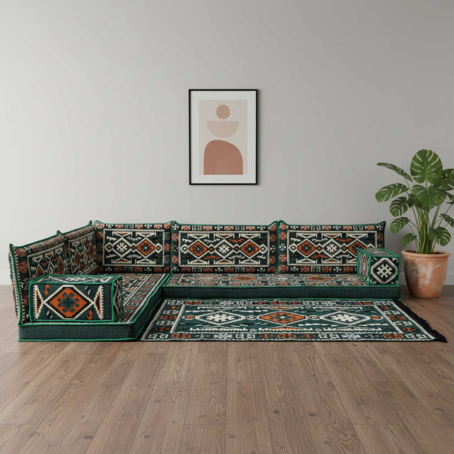 Arabic Floor Sofa Set – Green L Shaped Majlis Sectional with 4 Inch Cushions