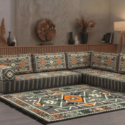 Arabic Floor Sofa Set – Dark Gray L Shaped Majlis Sectional with 8 Inch Cushions
