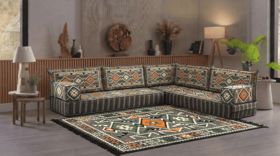 Arabic Floor Sofa Set – Dark Gray L Shaped Majlis Sectional with 8 Inch Cushions