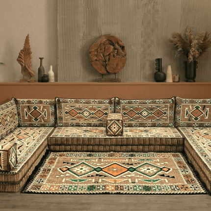 Arabic Floor Sofa Set – Light Brown U Shaped Majlis Sectional with 8 Inch Cushions
