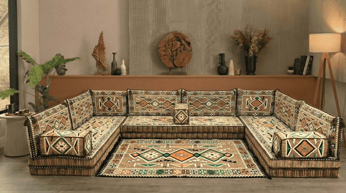 Arabic Floor Sofa Set – Light Brown U Shaped Majlis Sectional with 8 Inch Cushions