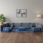 Arabic Floor Sofa Set – Blue U Shaped Majlis Sectional with 4 Inch Cushions