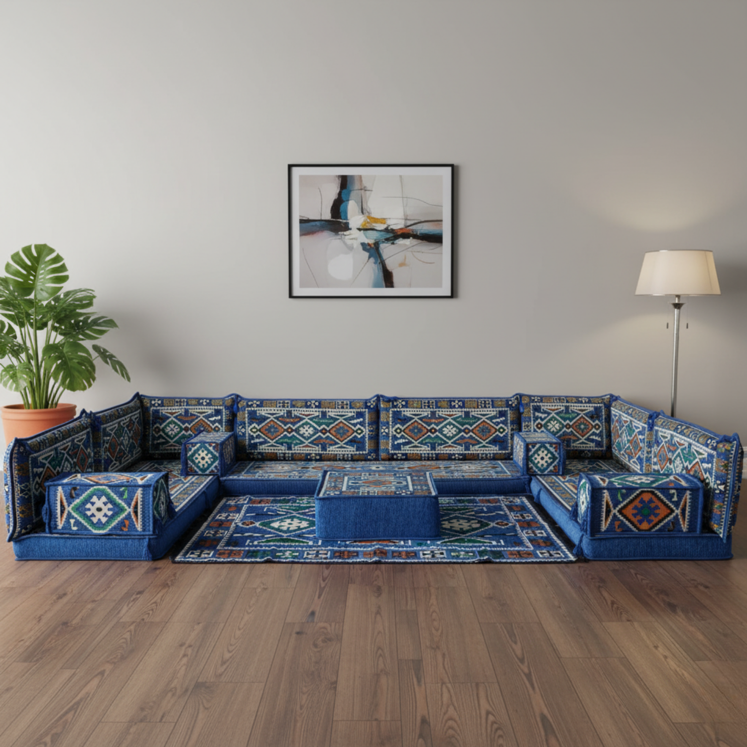 Arabic Floor Sofa Set – Blue U Shaped Majlis Sectional with 4 Inch Cushions