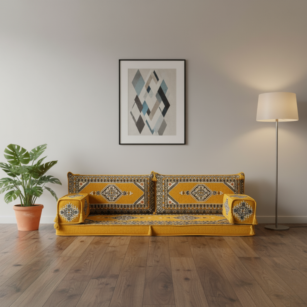 Arabic Loveseat Sofa – Yellow Loveseat with 4 and 8 Inch Cushion Options