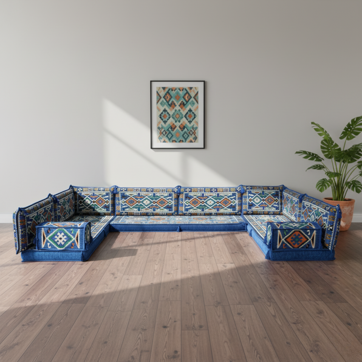 Arabic Floor Sofa Set – Blue U Shaped Majlis Sectional with 4 Inch Cushions