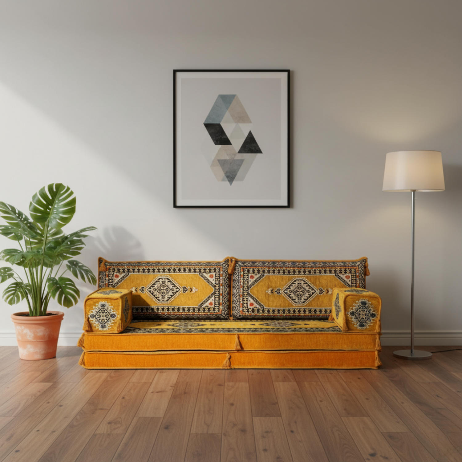 Arabic Loveseat Sofa – Yellow Loveseat with 4 and 8 Inch Cushion Options