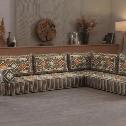 Arabic Floor Sofa Set – Dark Gray L Shaped Majlis Sectional with 8 Inch Cushions