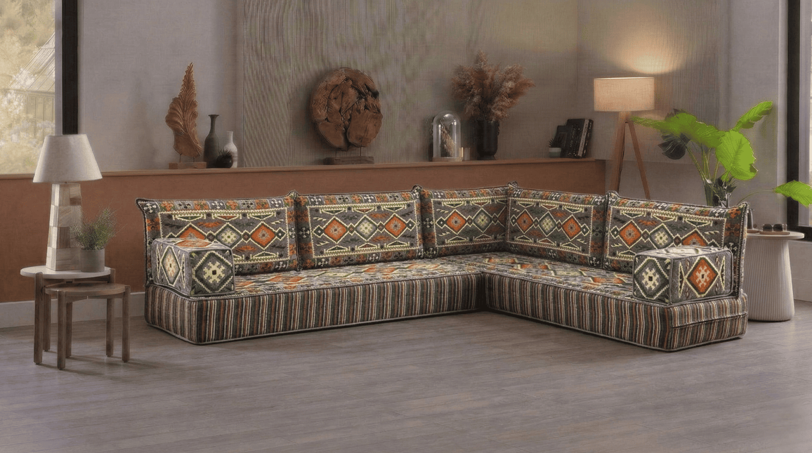 Arabic Floor Sofa Set – Dark Gray L Shaped Majlis Sectional with 8 Inch Cushions