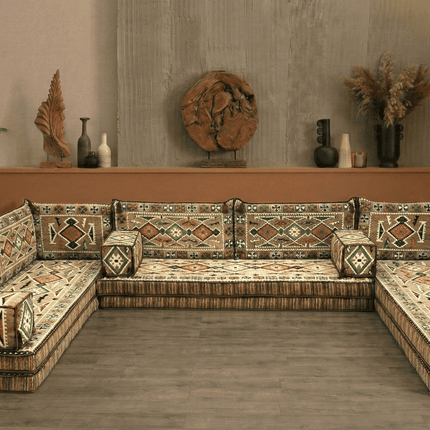 Arabic Floor Sofa Set – Light Brown U Shaped Majlis Sectional with 8 Inch Cushions