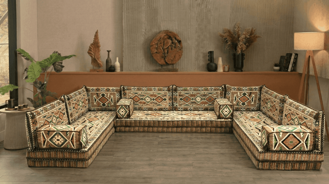 Arabic Floor Sofa Set – Light Brown U Shaped Majlis Sectional with 8 Inch Cushions