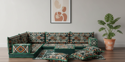 Arabic Floor Sofa Set – Green L Shaped Majlis Sectional with 4 Inch Cushions