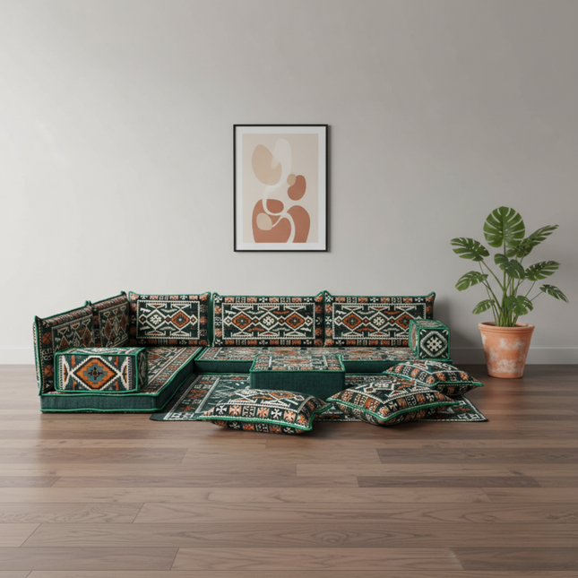 Arabic Floor Sofa Set – Green L Shaped Majlis Sectional with 4 Inch Cushions