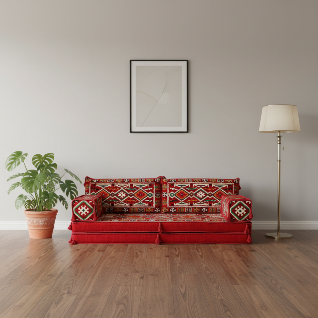 Arabic Loveseat Sofa Set – Red Loveseat Set with 4 and 8 Inch Cushion Options