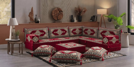 Arabic Floor Sofa Set – Maroon L Shaped Majlis Sectional with 8 Inch Cushions