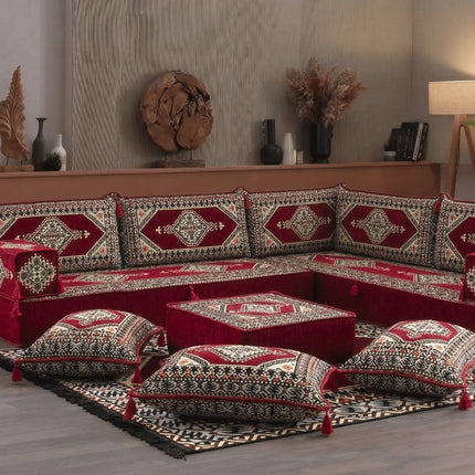 Arabic Floor Sofa Set – Maroon L Shaped Majlis Sectional with 8 Inch Cushions