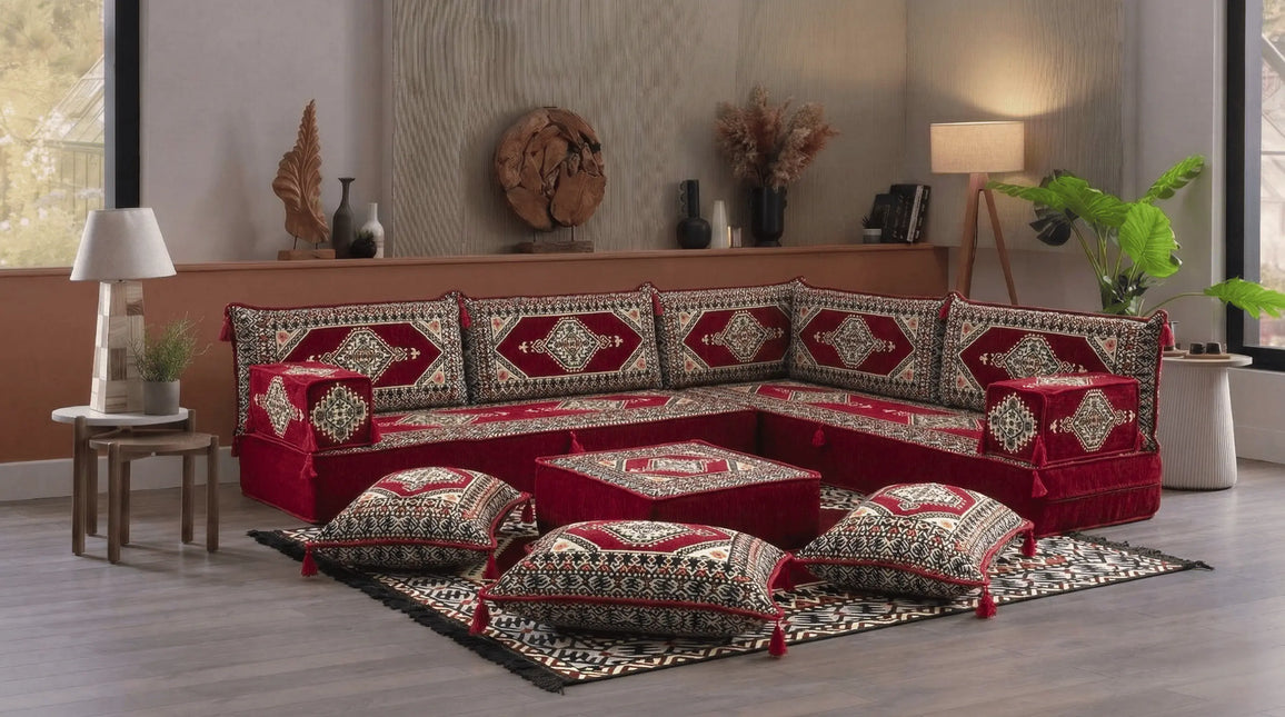 Arabic Floor Sofa Set – Maroon L Shaped Majlis Sectional with 8 Inch Cushions