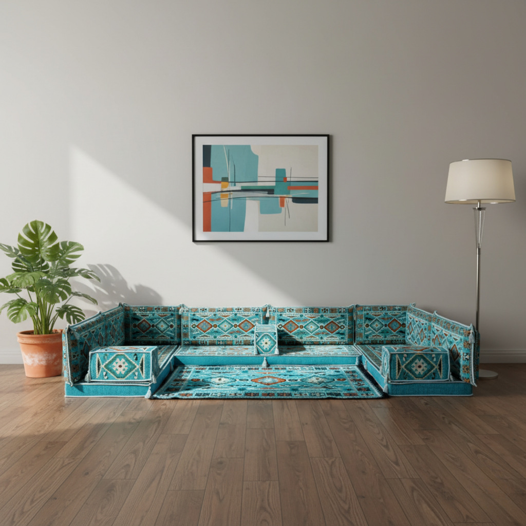Arabic Floor Sofa Set – Turquoise U Shaped Majlis Sectional with 4 Inch Cushions