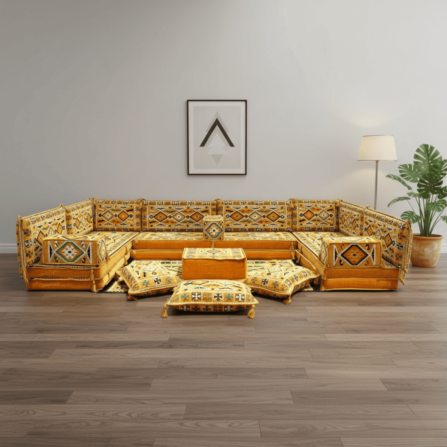 Arabic Floor Sofa Set – Yellow U Shaped Majlis Sectional with 8 Inch Cushions