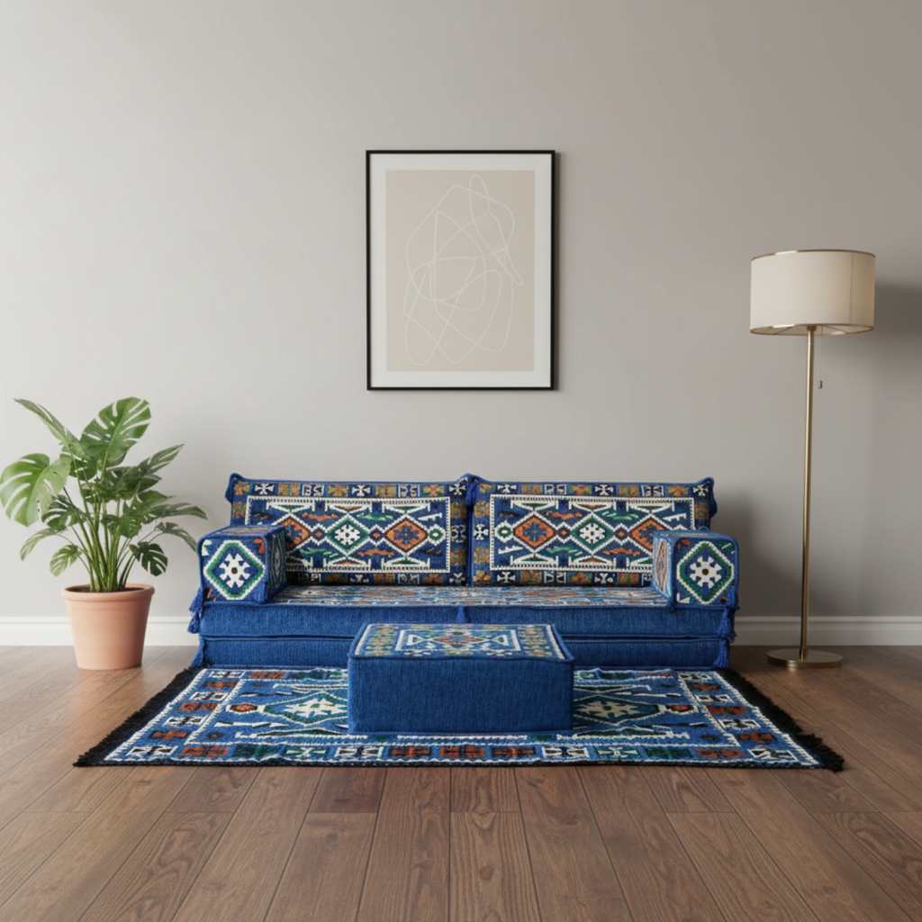 Arabic Loveseat Sofa Set – Blue Loveseat Set with 4 and 8 Inch Cushion Options