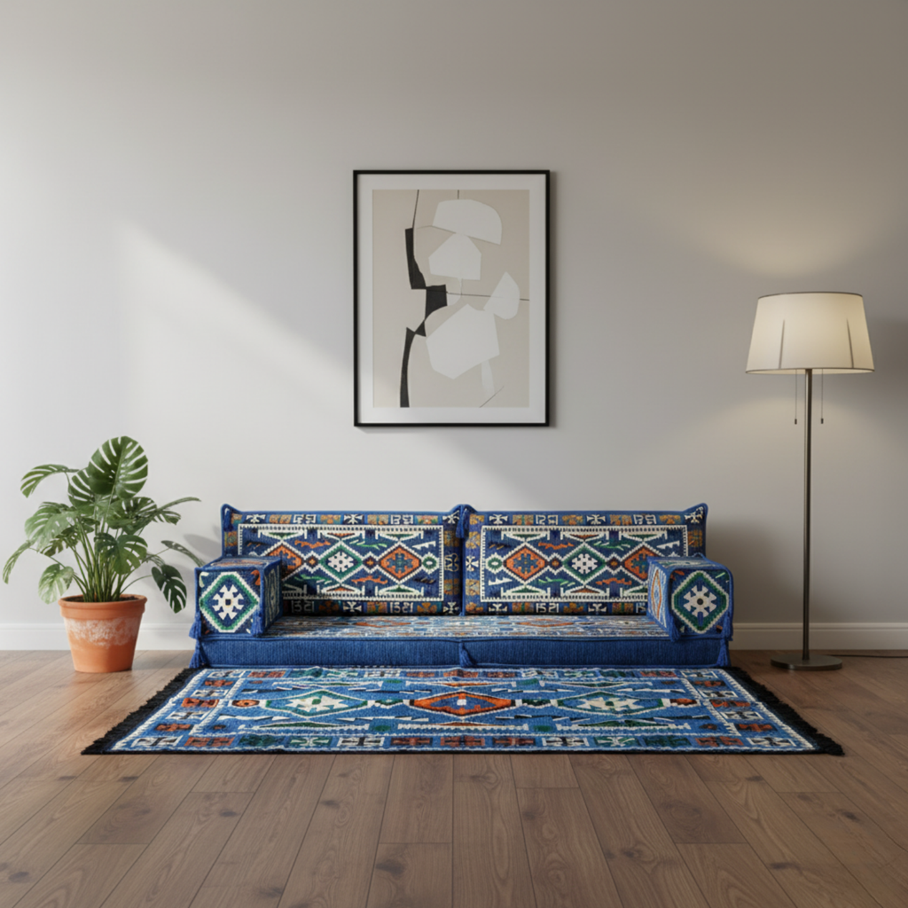 Arabic Loveseat Sofa Set – Blue Loveseat Set with 4 and 8 Inch Cushion Options