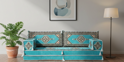 Arabic Loveseat Sofa – Turquoise Loveseat with 4 and 8 Inch Cushion Options