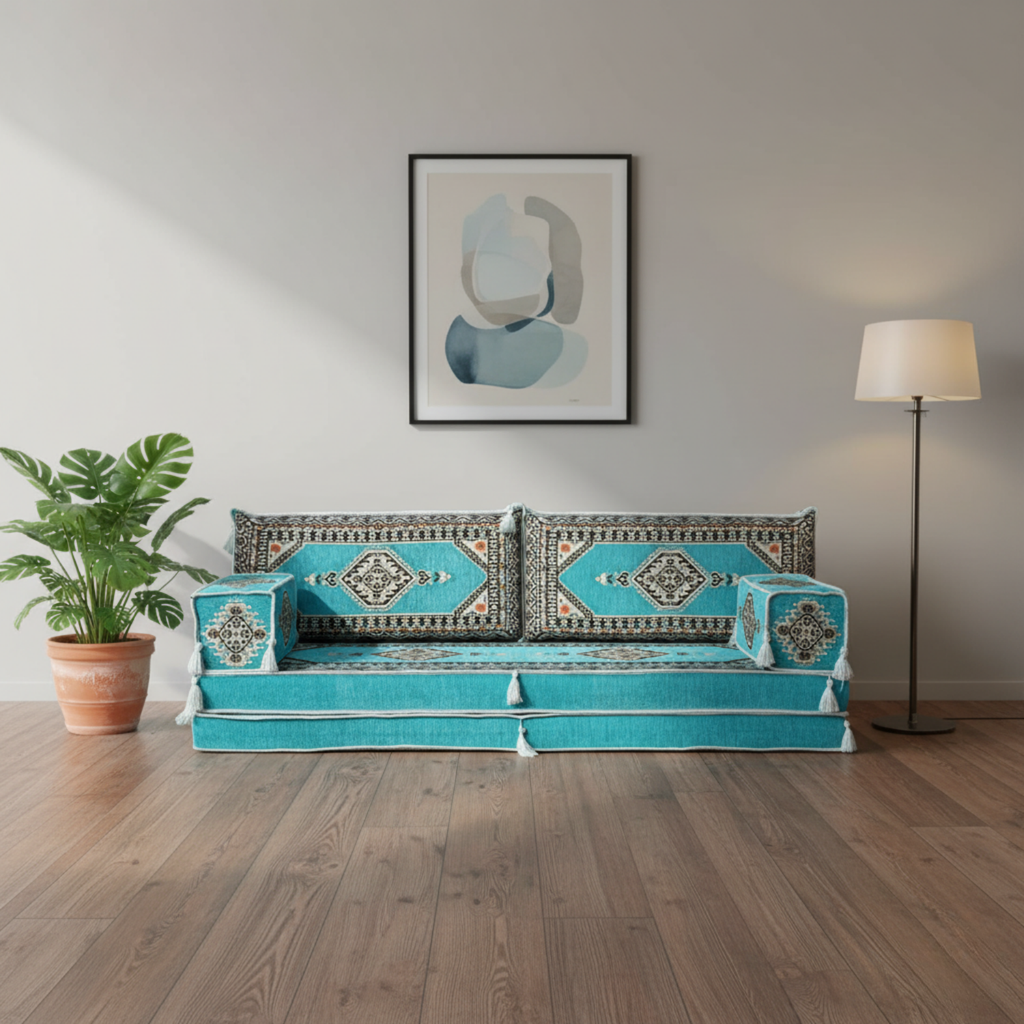 Arabic Loveseat Sofa – Turquoise Loveseat with 4 and 8 Inch Cushion Options