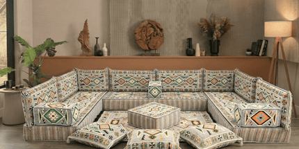 Arabic Floor Sofa Set – Gray U Shaped Majlis Sectional with 8 Inch Cushions