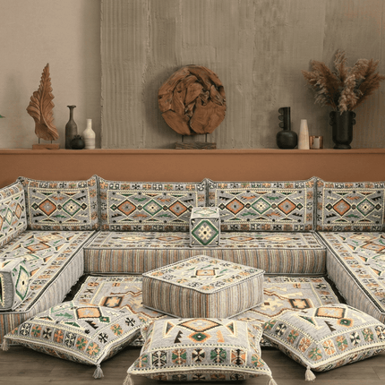 Arabic Floor Sofa Set – Gray U Shaped Majlis Sectional with 8 Inch Cushions