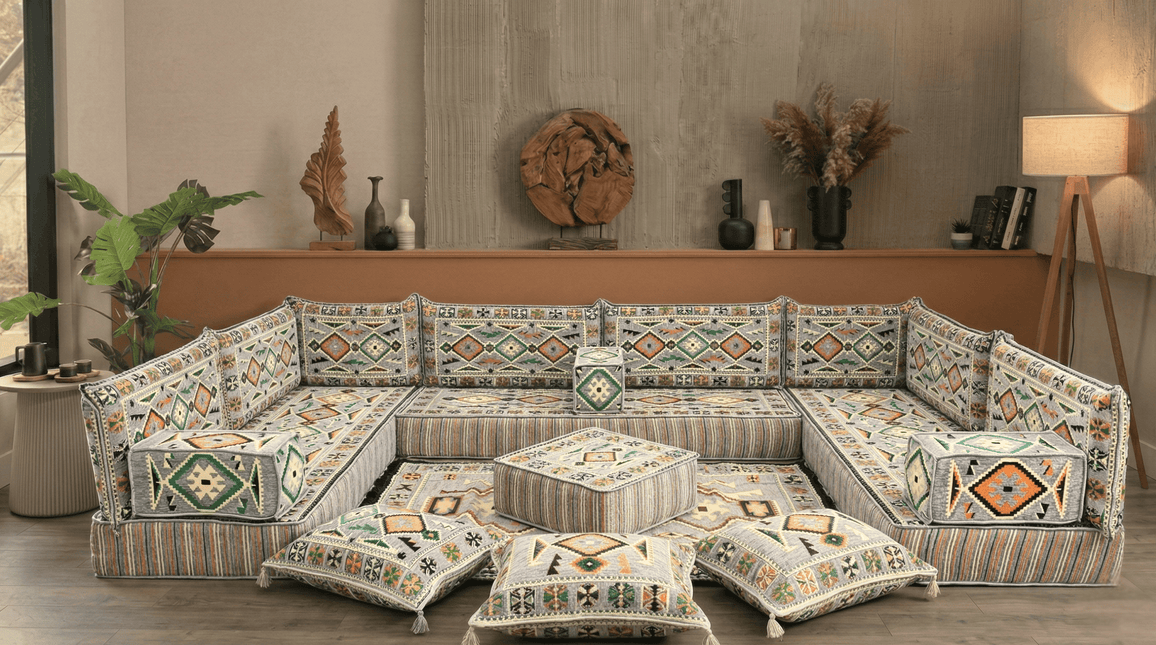 Arabic Floor Sofa Set – Gray U Shaped Majlis Sectional with 8 Inch Cushions