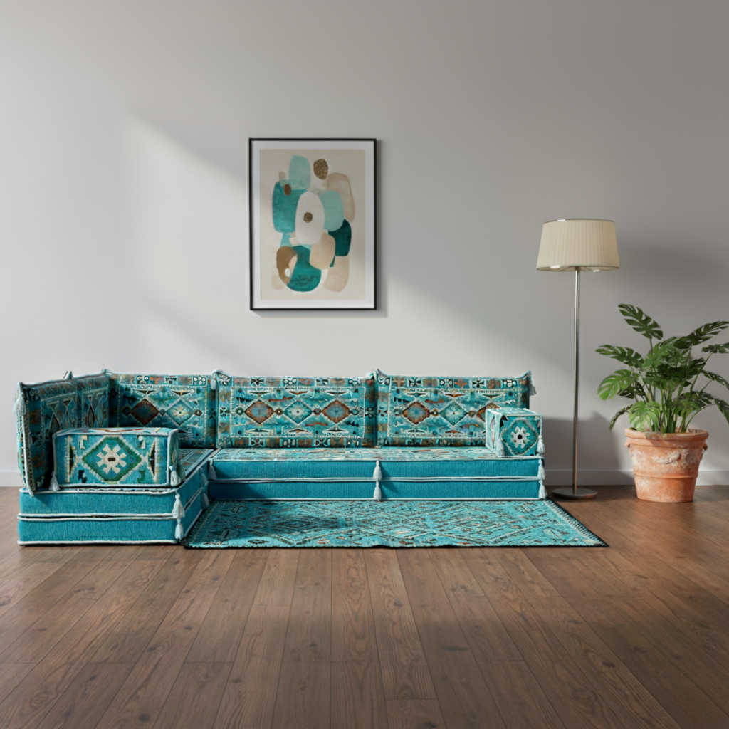 Arabic Floor Sofa Set – Turquoise L Shaped Majlis Sectional with 8 Inch Cushions