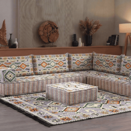 Arabic Floor Sofa Set – Gray L Shaped Majlis Sectional with 8 Inch Cushions