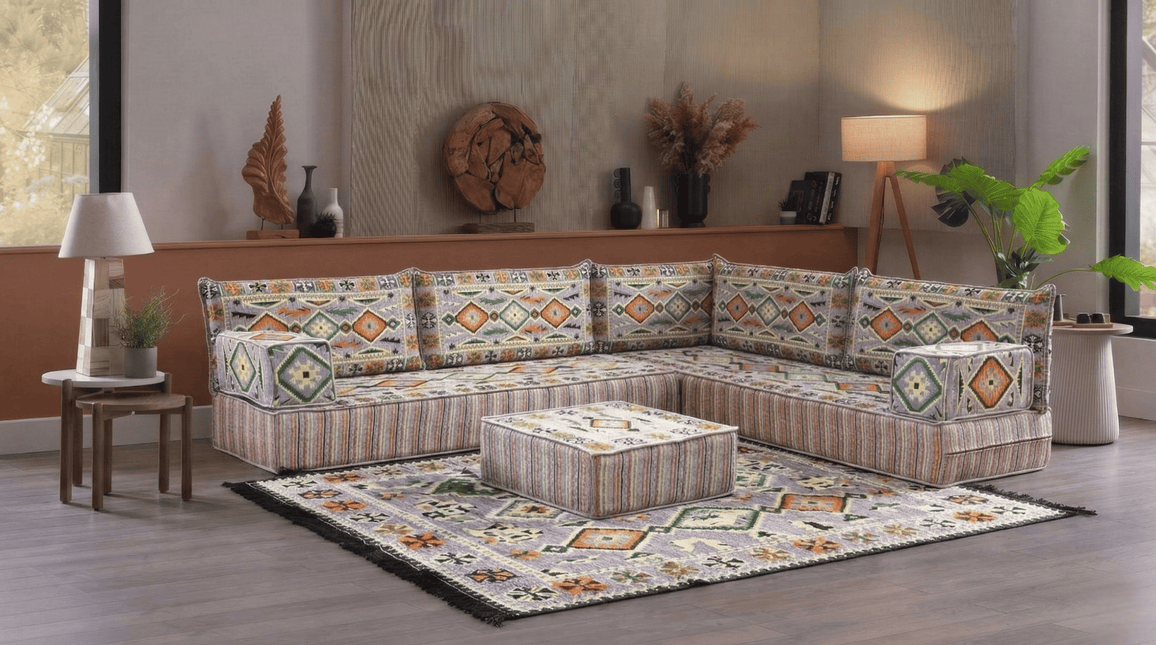 Arabic Floor Sofa Set – Gray L Shaped Majlis Sectional with 8 Inch Cushions