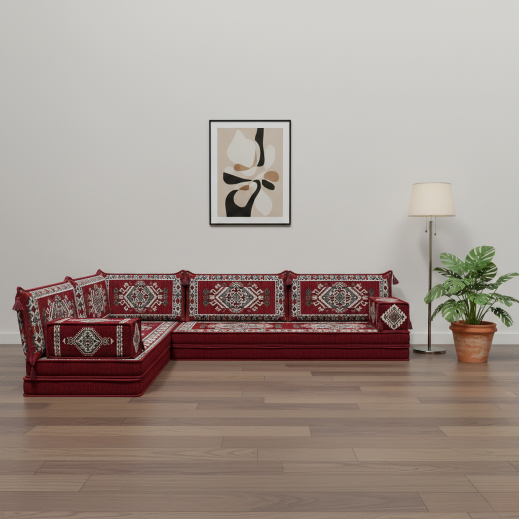 Arabic Floor Sofa Set – Maroon L Shaped Majlis Sectional with 8 Inch Cushions