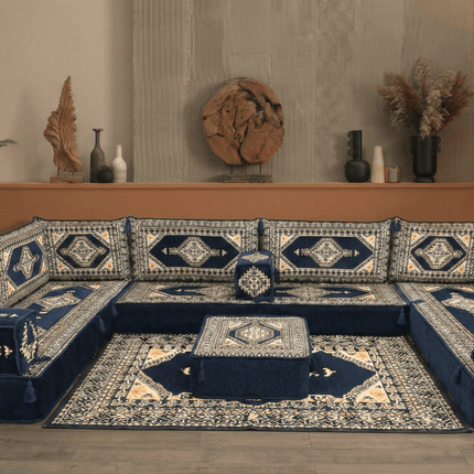Arabic Floor Sofa Set – Dark Navy U Shaped Majlis Sectional with 8 Inch Cushions