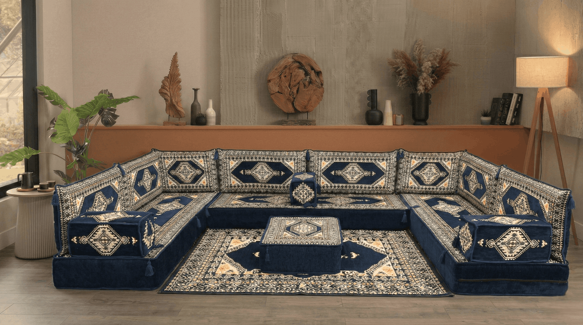 Arabic Floor Sofa Set – Dark Navy U Shaped Majlis Sectional with 8 Inch Cushions