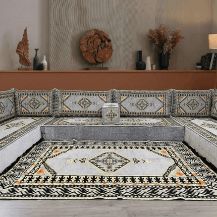 Arabic Floor Sofa Set – Gray U Shaped Majlis Sectional with 8 Inch Cushions