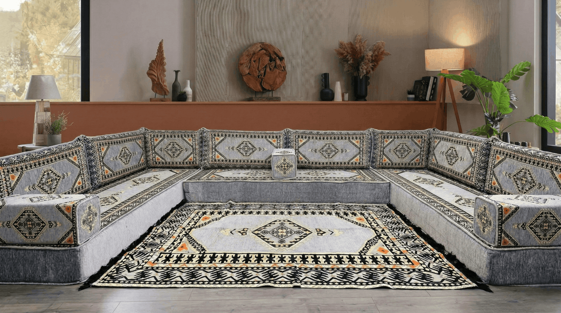 Arabic Floor Sofa Set – Gray U Shaped Majlis Sectional with 8 Inch Cushions